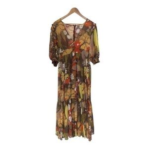 byTiMo Brown Floral Print V-Neck Georgette Tiered Maxi Dress Size Large NWT